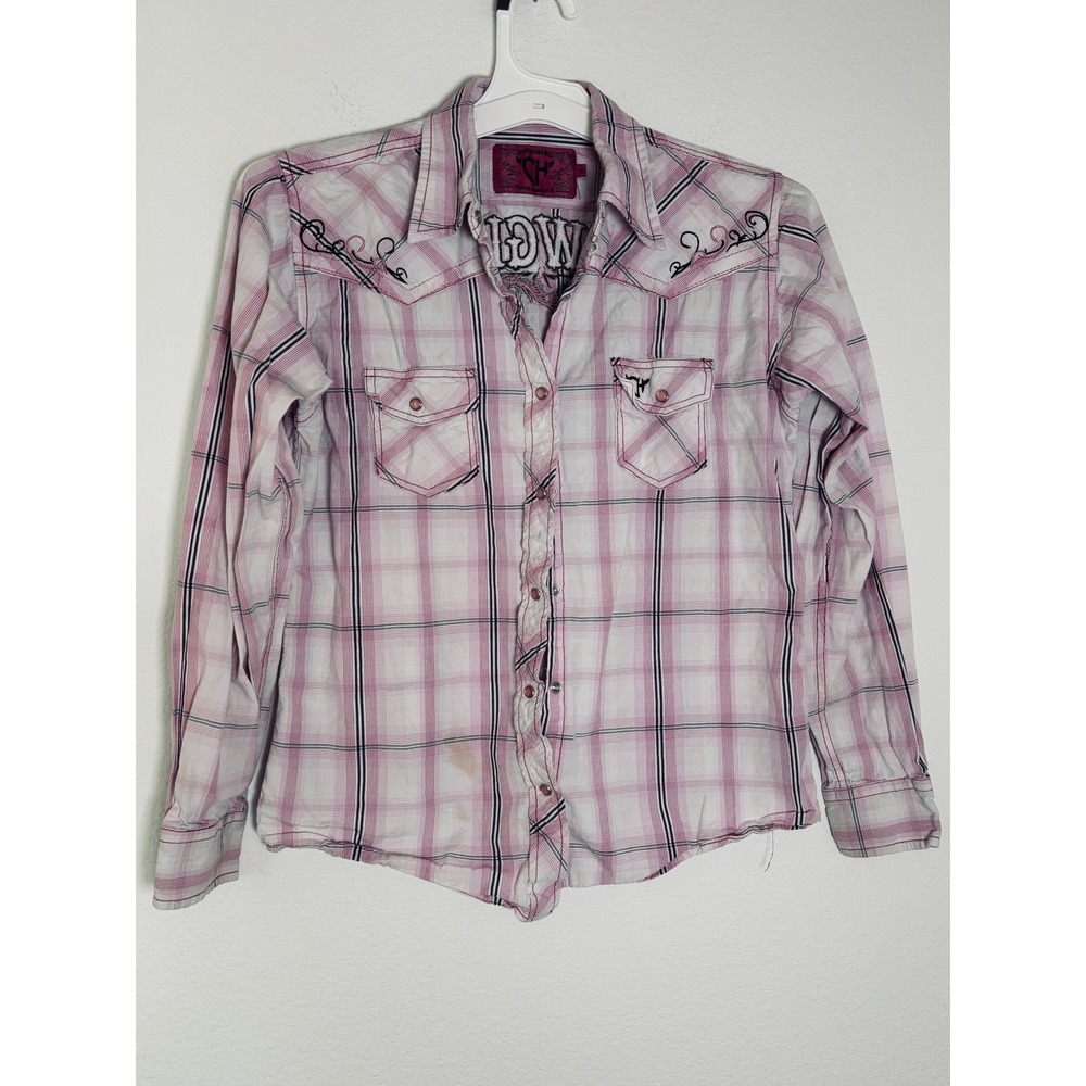Cowgirl Hardware Womens XL Pink Plaid Western Snap Shirt Horse Embroidery Rodeo